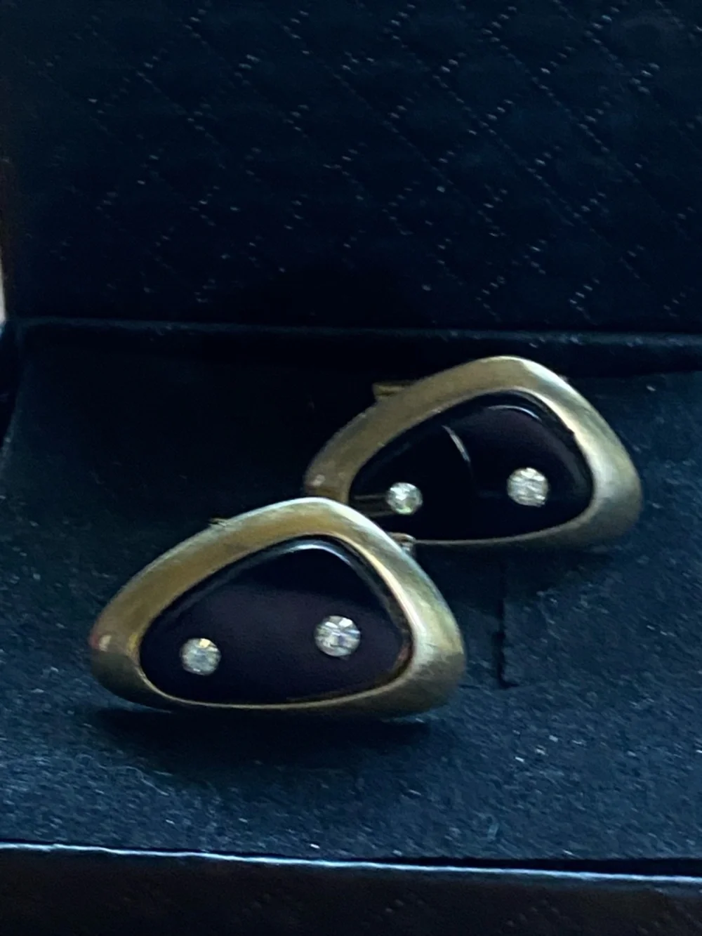 Sarah Coventry Gold Tone Black Enamel Cuff Links Clear Rhinestones “Atomic”